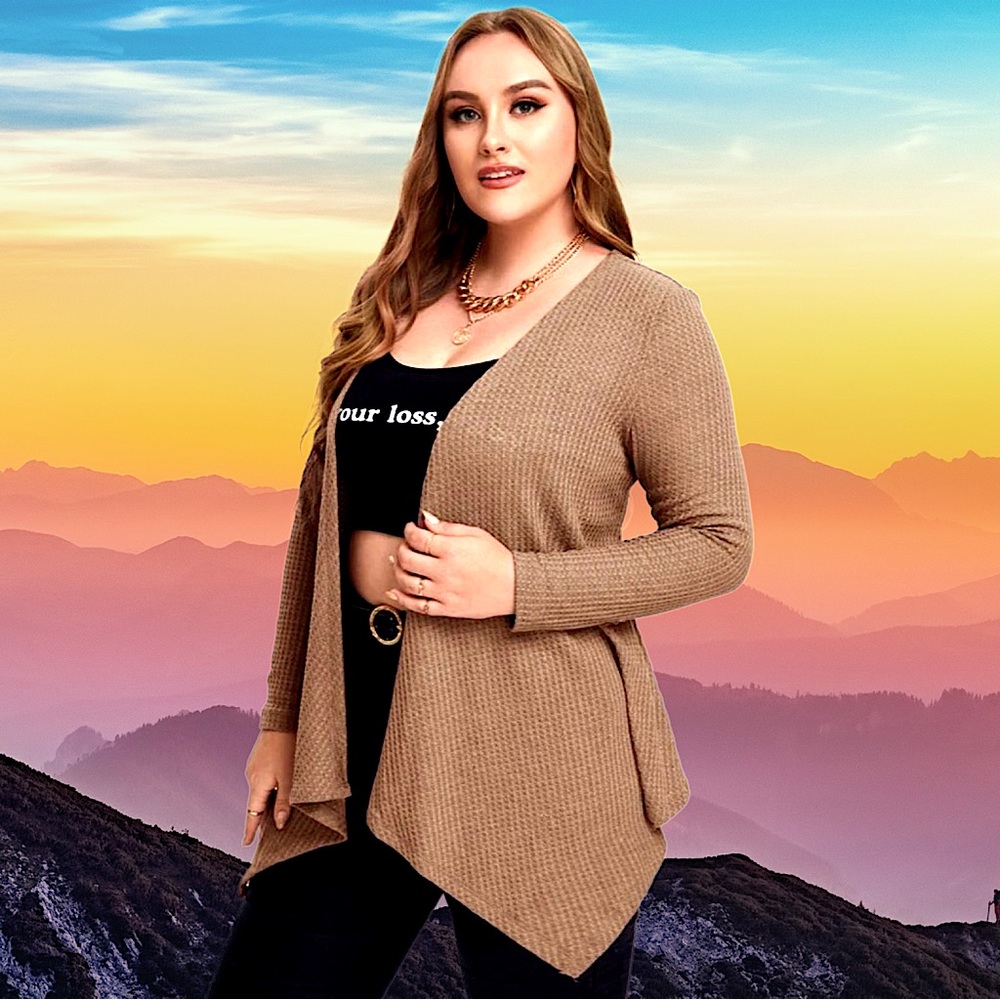 🆕Women's plus-size Tan Open Front Stretchy Waffle-knit Cardigan❤️❤️3X